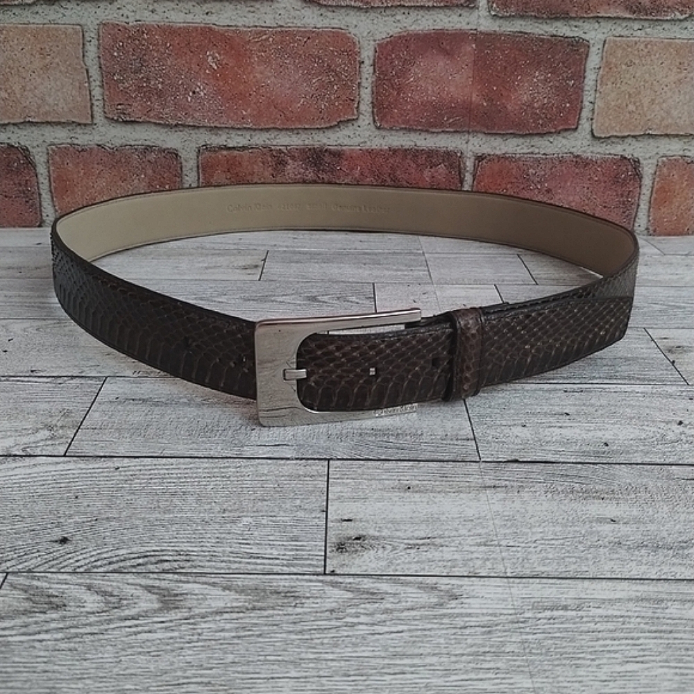 Calvin Klein Dark Brown Snake Skin Leather Men's Belt With Silver Buckle